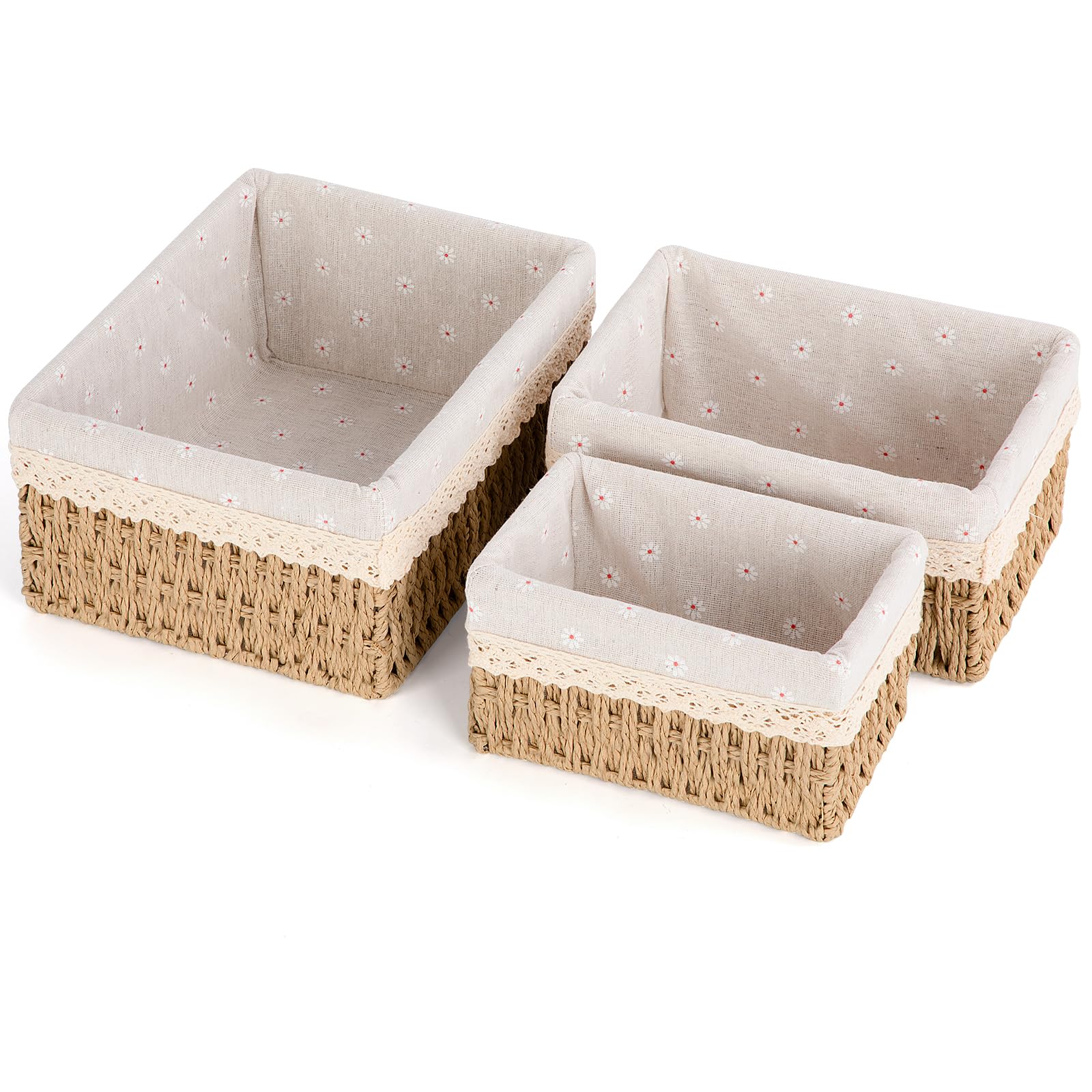 FoiiLiio Panier Rangement, Lot de 3 Paniers de Rangement Tressés, Paniers et boîtes de Rangement, Corbeille Rangement pour Salle de Bain, Cuisine, Organisateur Table a Langer Bebe (Beige)