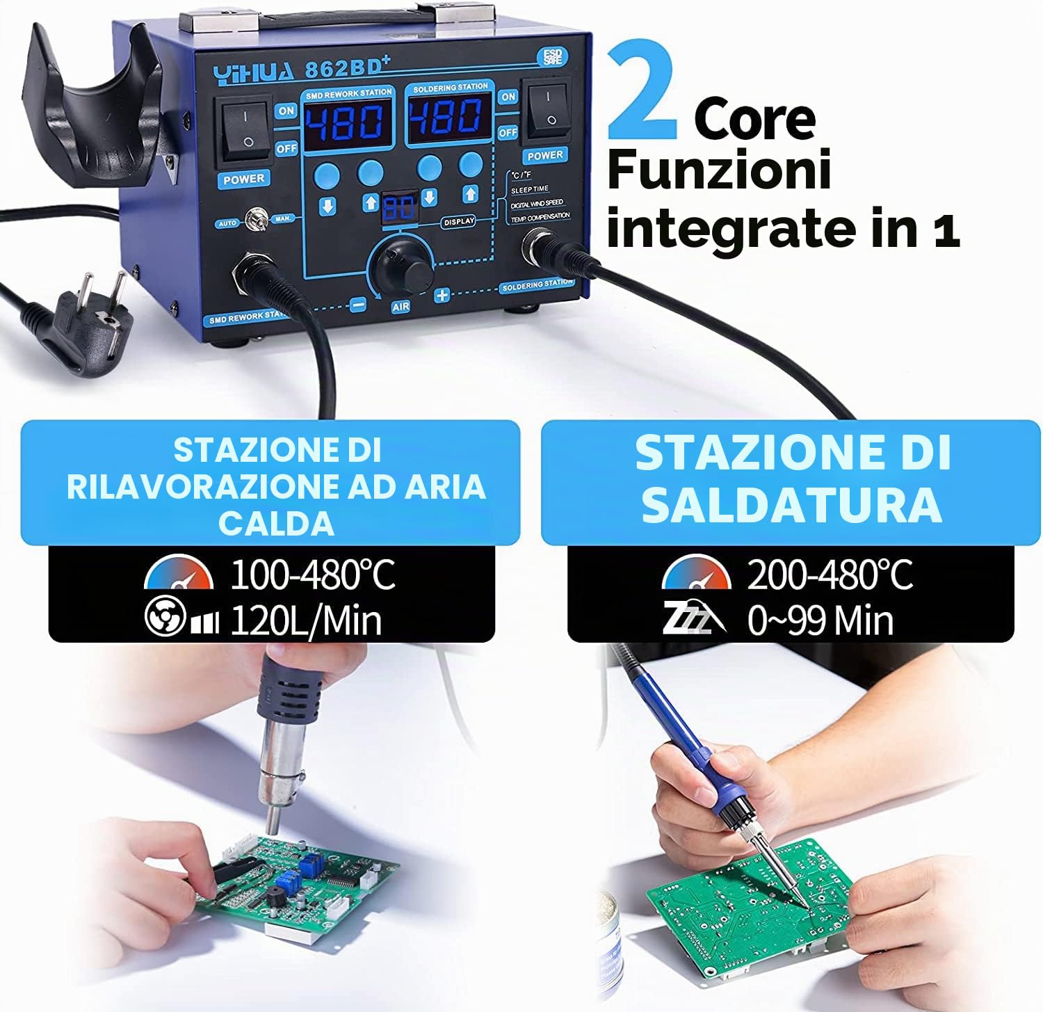 YIHUA 862BD+ stazione saldante ad aria calda SMD 2 IN 1 con stabilizzazione della temperatura