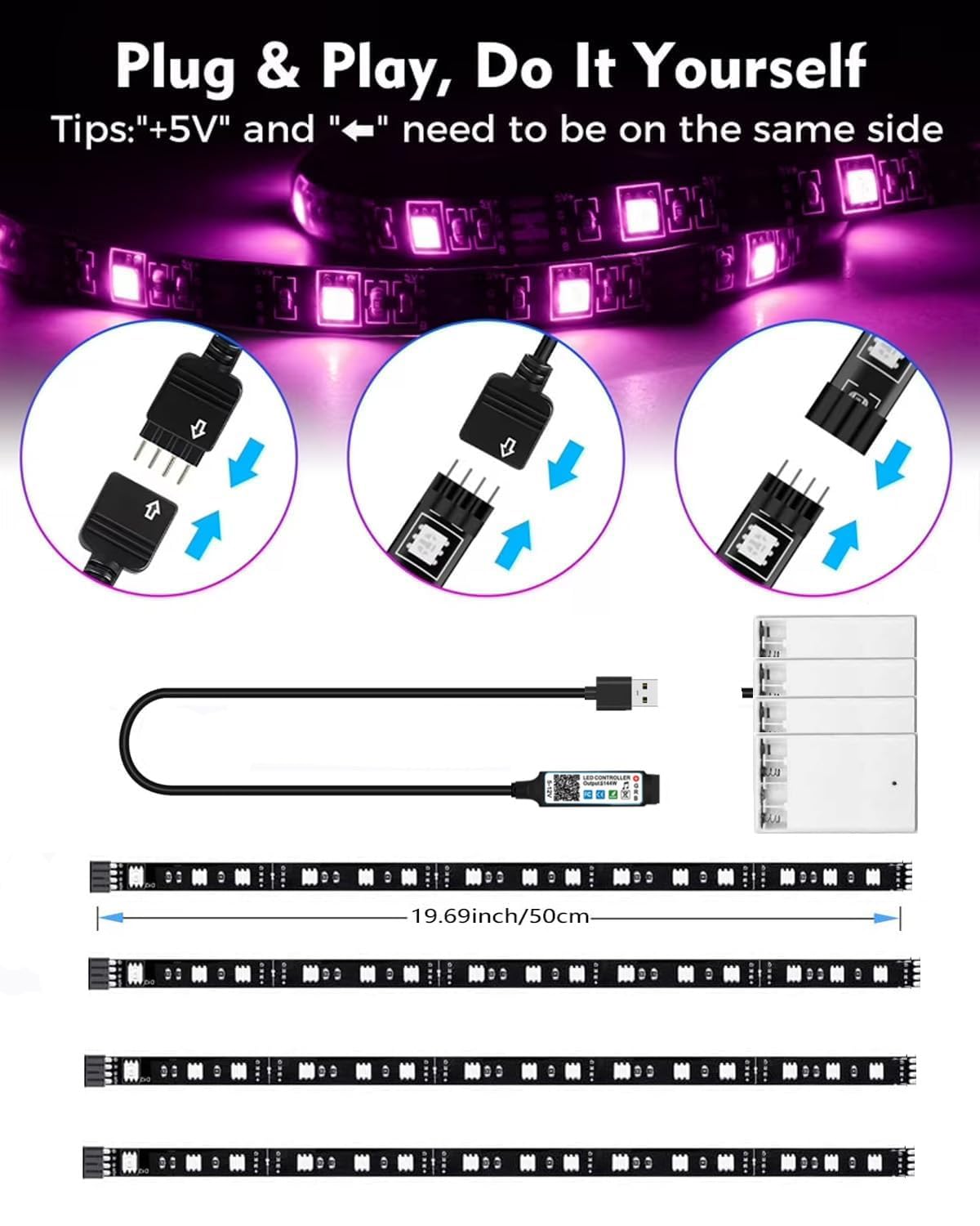 Strisce LED alimentate a batteria, 50,8 cm, confezione da 4, luci LED wireless per camera da letto che cambia colore con app, luci a LED per TV, illuminazione sotto armadietti, mensole, sotto il