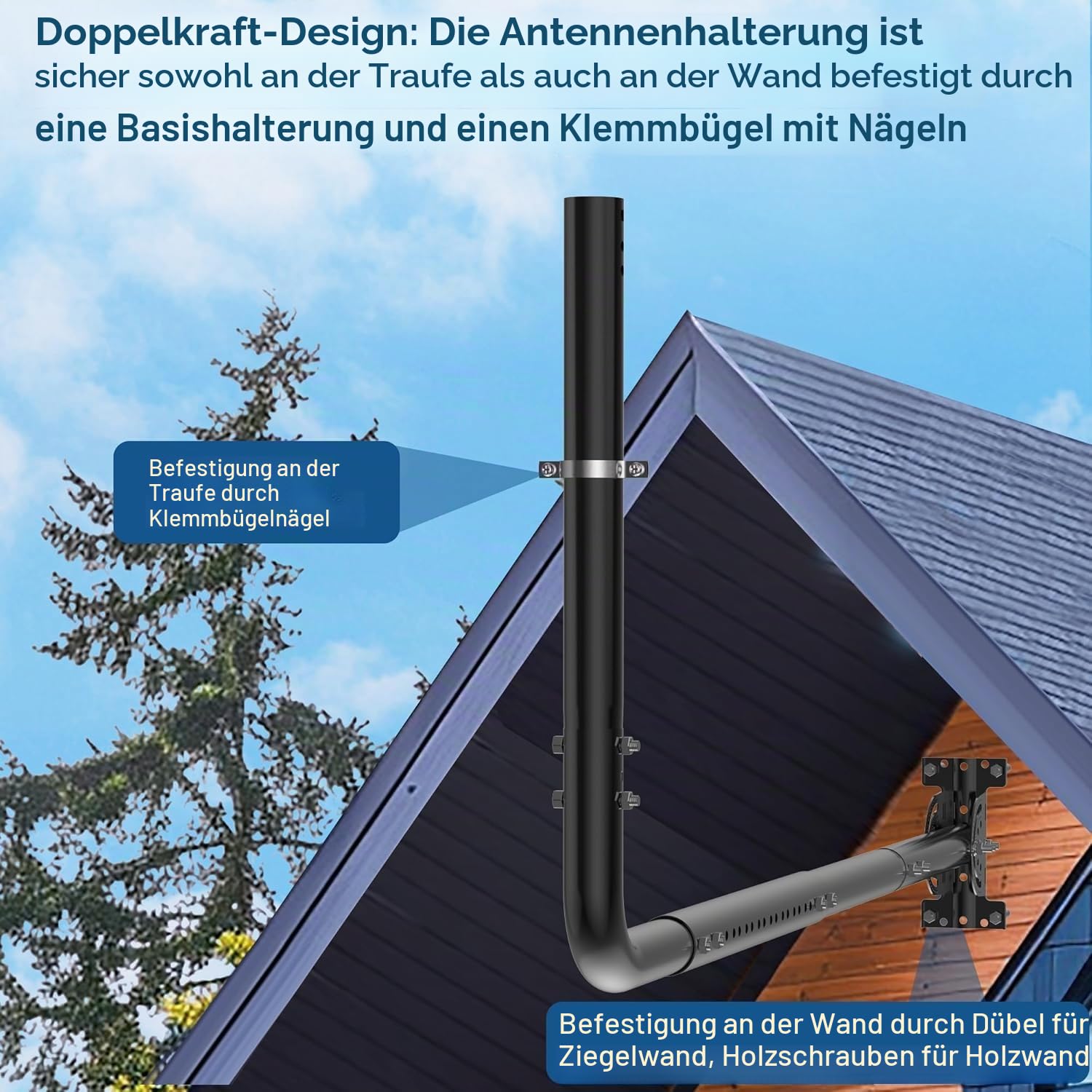 Verstellbare Antennen-Wandhalterung mit 90-Grad-Ellenbogen, Verlängerungsrohr und Befestigungsmuttern, geeignet für externe TV-Antennen und Starlink WiFi-Verstärker, Schwarz