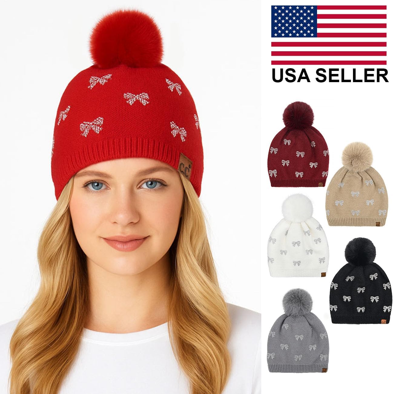 ScarvesMe Soft Warm All Over Rhinestone Mini Bow Pom Beanie Winter Hat