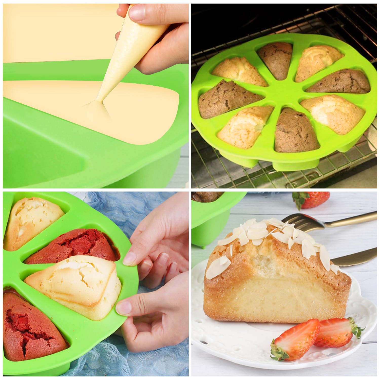 Siliconen cakevormen, driehoek scone pan met 8 holtes, hittebestendige bakvormen voor brownies, muffins, maïsbrood, 24 x 24 x 4 cm, rood, blauw