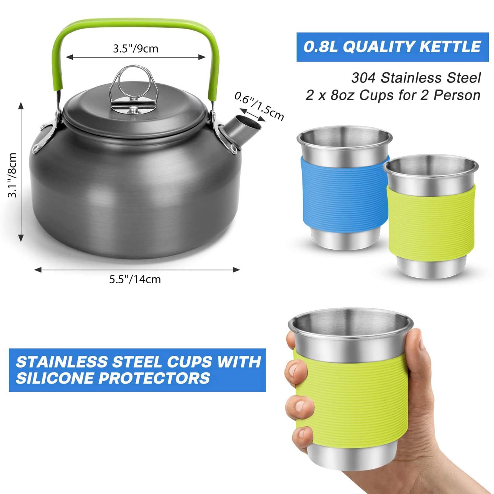 Set di 22 pentole da campeggio, pentola portatile da cucina all'aperto con teiera antiaderente leggero attrezzatura da picnic, per 2 3 persone escursionismo zaino in spalla