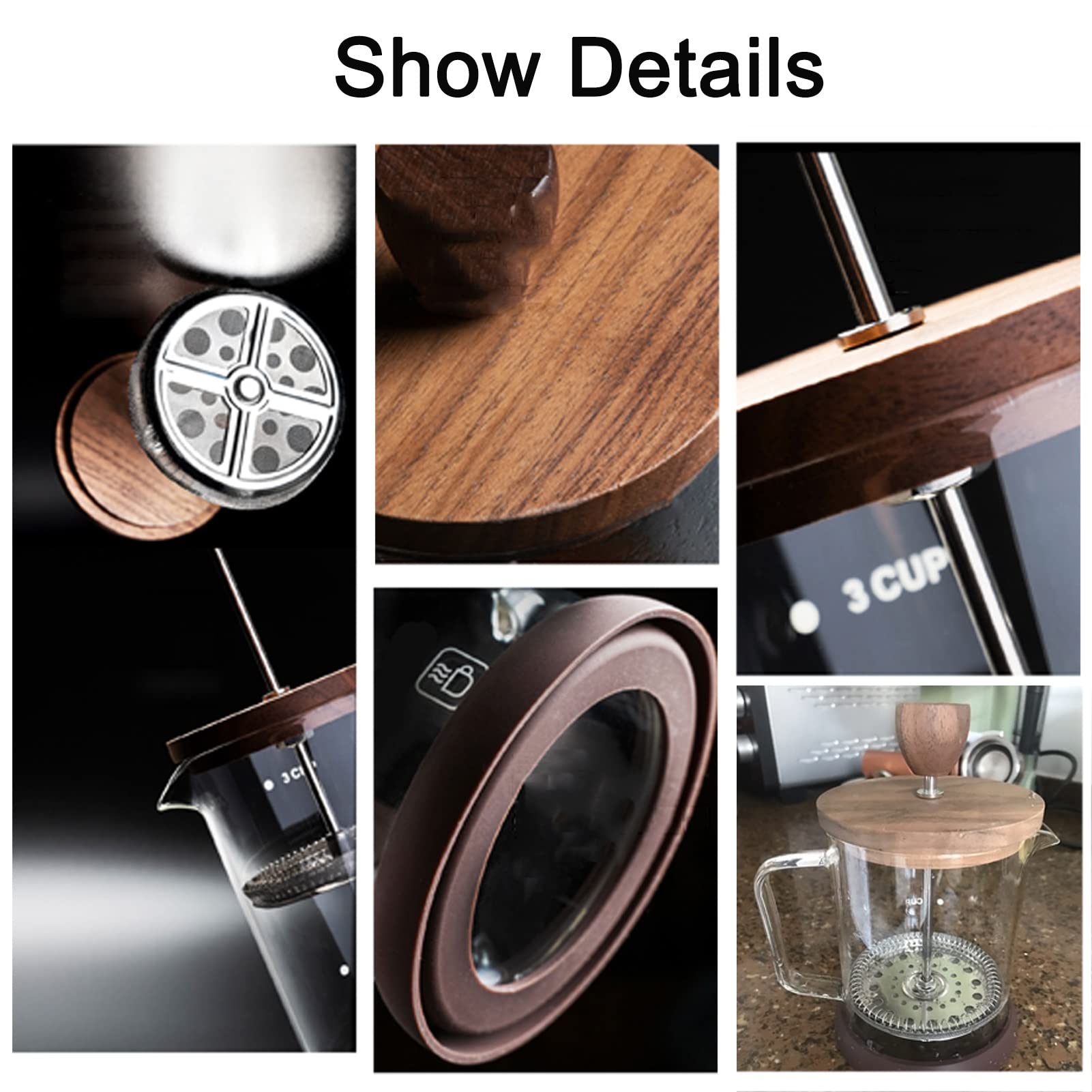 Cafetera Émbolo, Vidrio De Borosilicato 304 De Acero Inoxidable Transparente Cafetera Francesa Tetera Con Filtro De 3 Niveles, Resistente Al Calor Duradera, Para Camping Regalos De Viaje, Fácil De Li