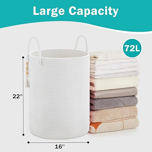Miniatura 5 de Cesta de cuerda de algodón para lavandería, 72 litros de alto, cestas plegables tejidas para organización de mantas, cesta de ropa para