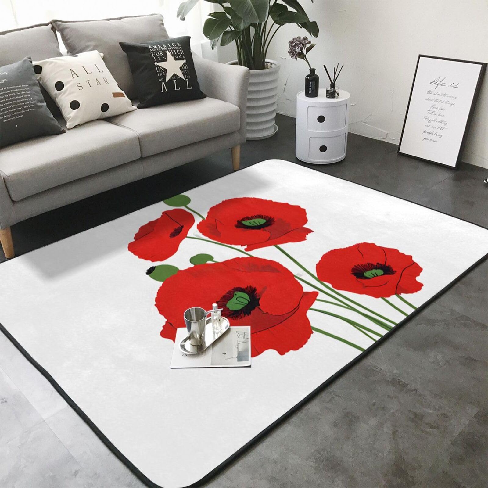 Poppy Flowers Print Living Room Anti Slip and Absorbent Carpet, Indoor Bedroom Bed Floor Mat, Ultra Soft Washable Carpet 80x58 in