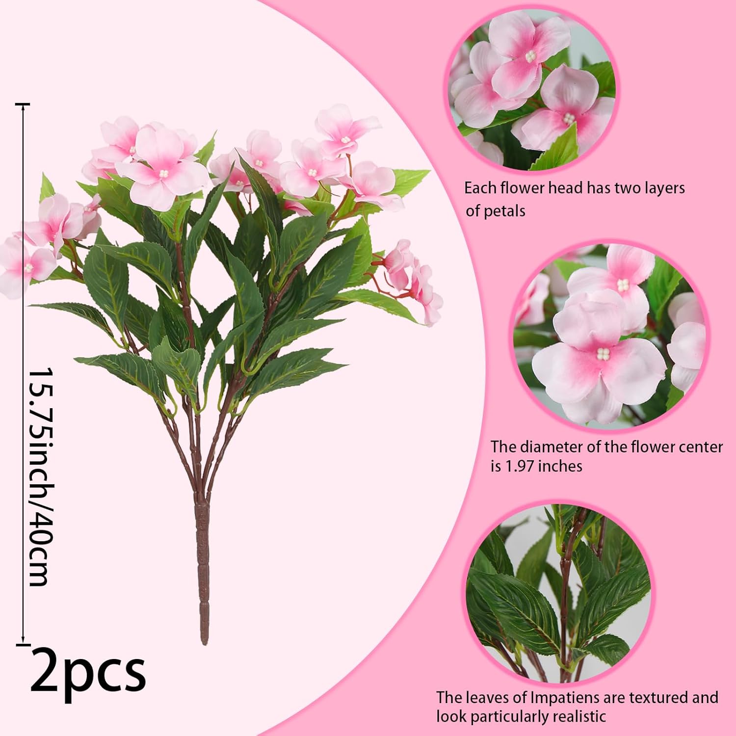 2 Pcs Artificial Flowers Outdoor Impatiens UV Resistant Fake Silk Impatiens Flowers Pink Faux Flowers Impatiens Bushes Artificial Impatiens for Outdoor Planter Pot Hanging Basket Porch Decor - Image 2
