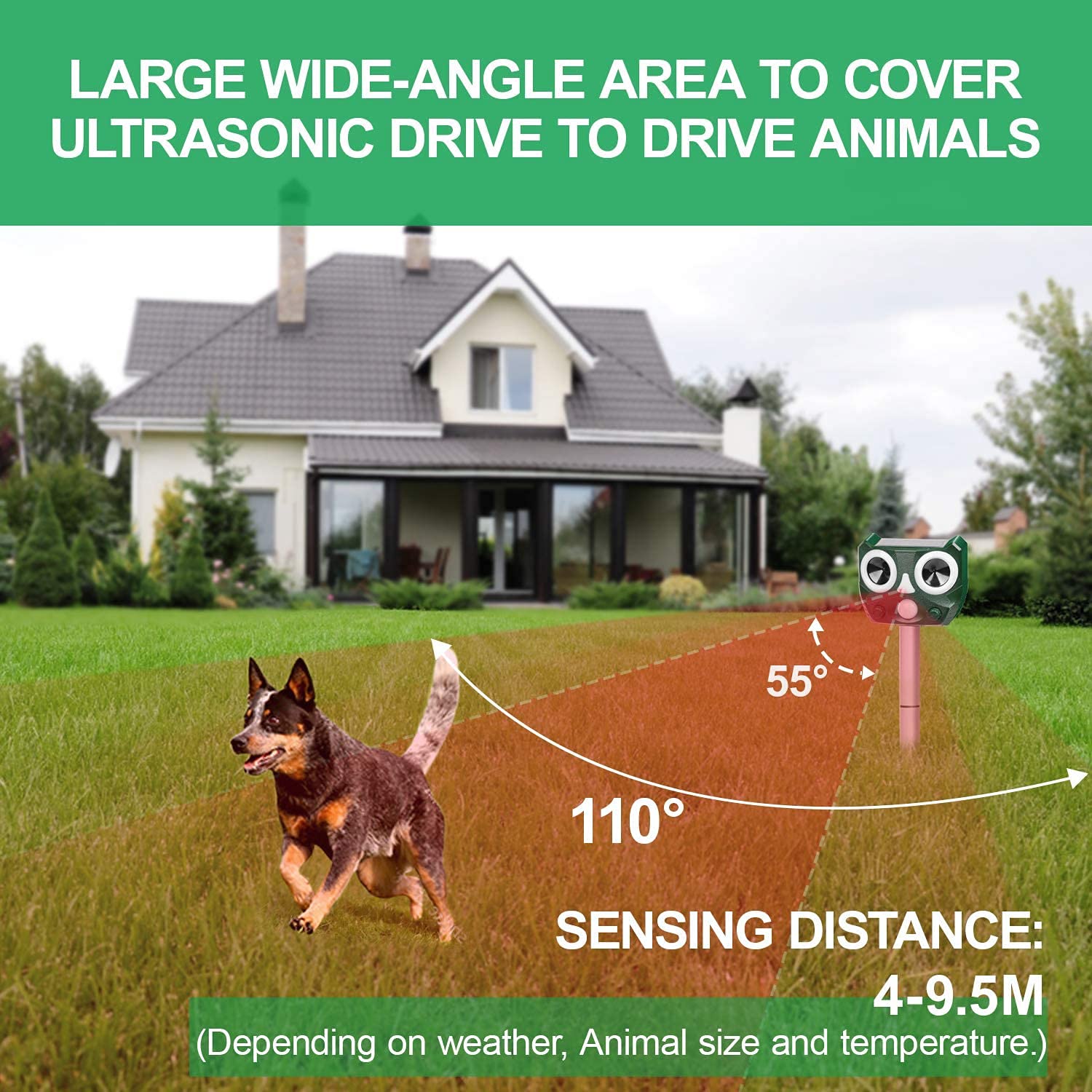 ERNZI Répulsif antiparasitaire à ultrasons, répulsif à Animaux extérieur imperméable à l'eau à énergie Solaire avec Son ultrasonique, détecteur de Mouvement pour, Chats, Chiens,Vert,1pcs