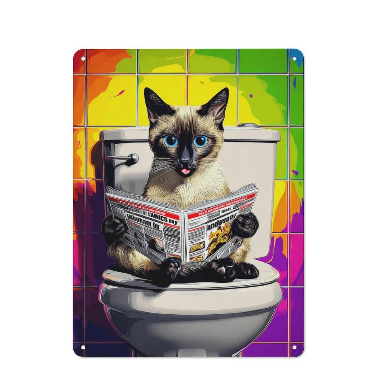Junmoney Cat On Toilet Reading Newspaper -2 40X30cm Retro Tin Sign With For Living Room Or Hallway, A Decorative Metal Sign For Living Rooms And Hallways
