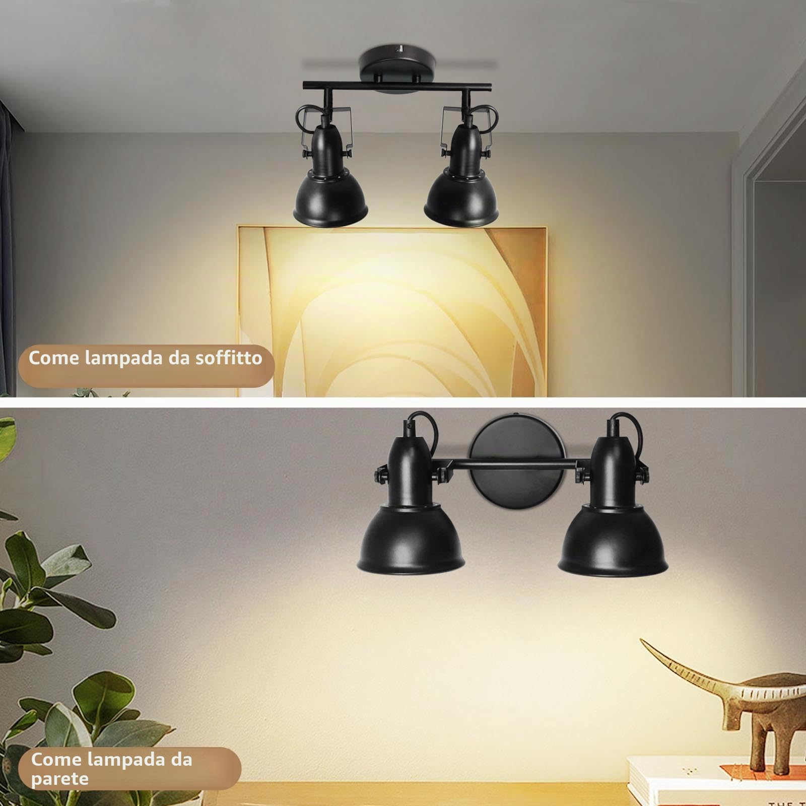 HiBay Lampada Faretti da Soffitto LED E27 Orientabili 2 Luci,Plafoniera Faretti da Soffitto Faretto da Parete in Bianco e Nero VintageMuro per Soggiorno Cucina Cameretta(Senza Lampadina)
