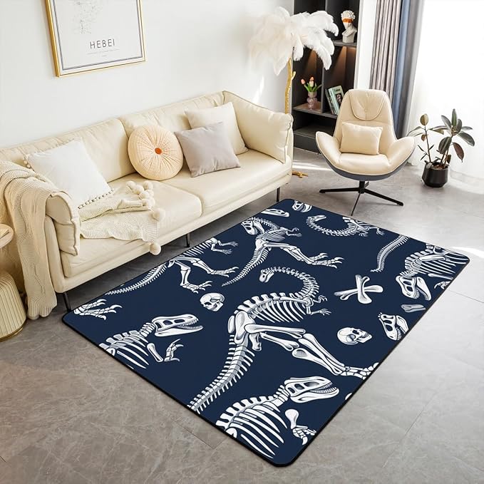 Feelyou Dinosaur Skull Rugs for Living Room Bedroom for Kids Boys Girls Teens Toddler Sugar Skull Decorative Carpet Area Rug 3x5 Dinosaur Skeleton Navy Blue Indoor Floor Mat