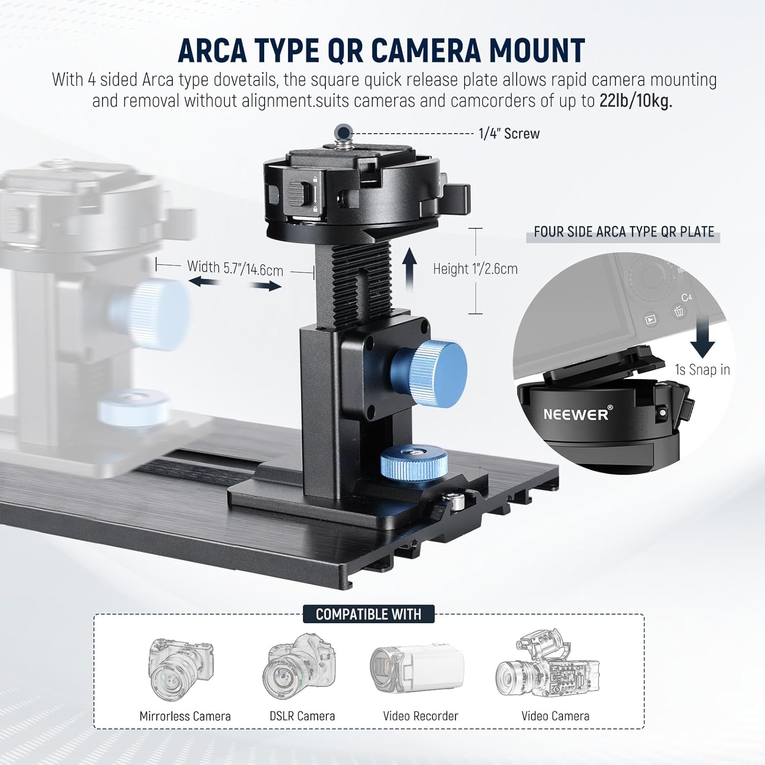 Close-up of the Arca Type QR Camera Mount on the Neewer X12II Teleprompter, showing dimensions and compatibility.