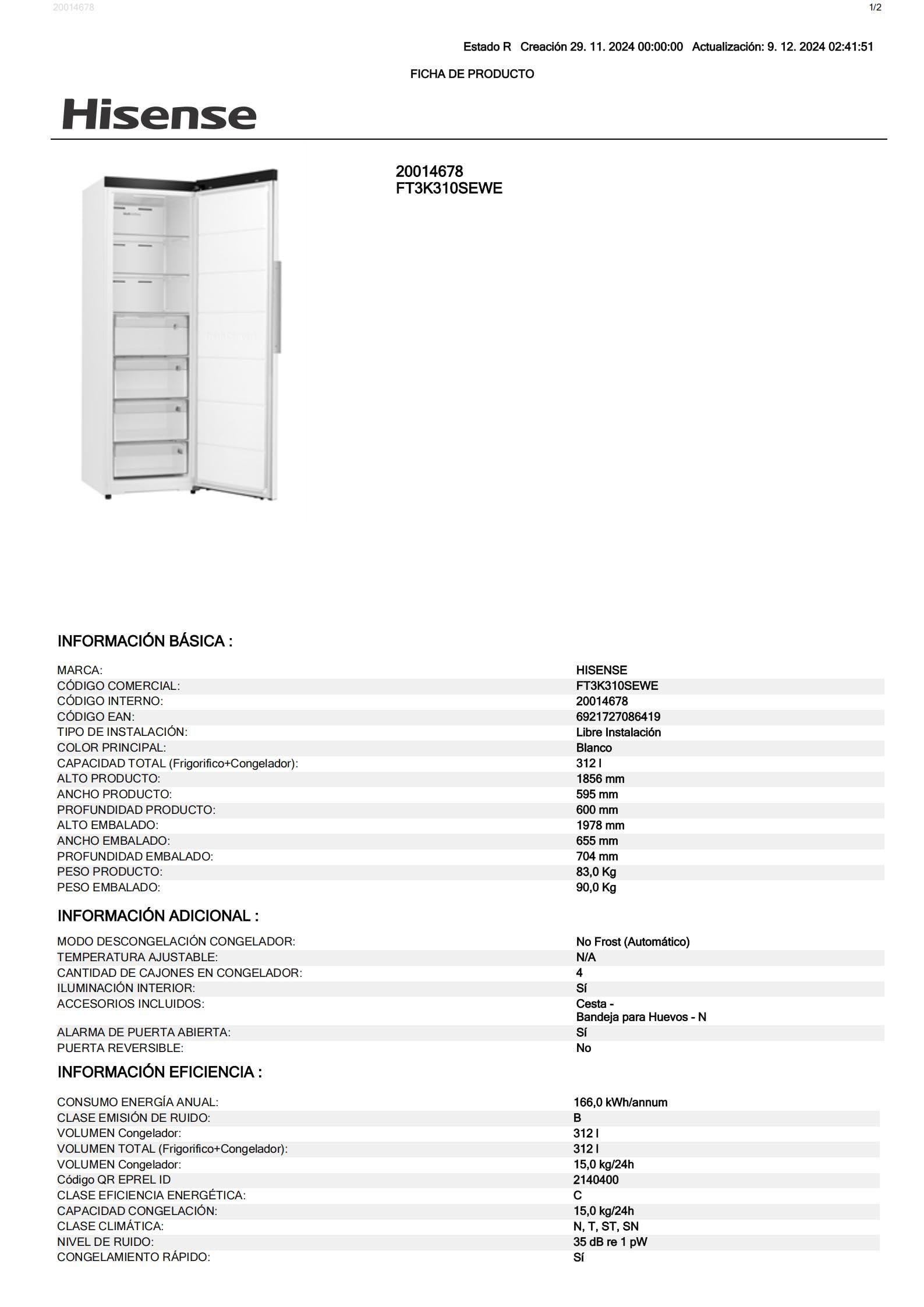 Hisense FT3K310SEWE Congelador, 1 Puerta De Libre Instalación Kitchen Fit, Class E, 312 L, Alto 185.6 cm x Ancho 59.5 cm, Color Blanco, Ventilación Inferior, Apertura de Puerta 90 Grados