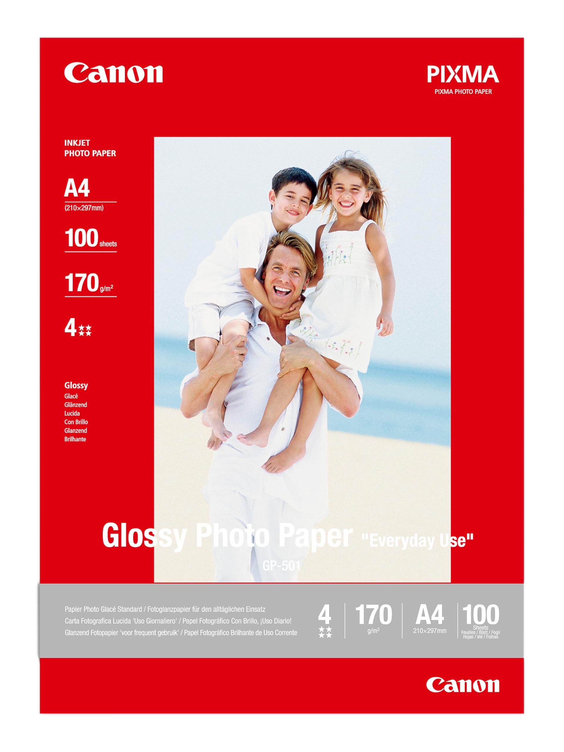 Canon GP-501 Glossy Photo Paper A4 (100 Sheets) - Ideal for Photo Printing, Durable Prints - Compatible with Canon Inkjet Printers