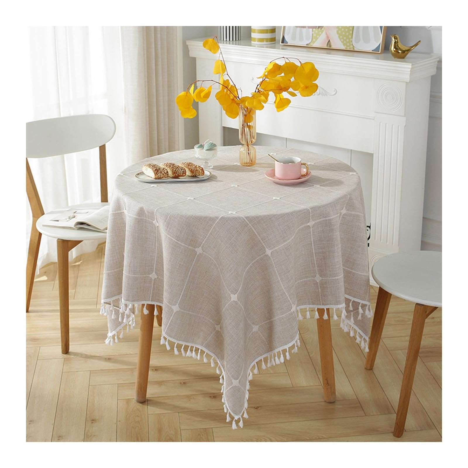 Nappe ronde anti-taches 200cm en polyester à carreaux marron KnSam