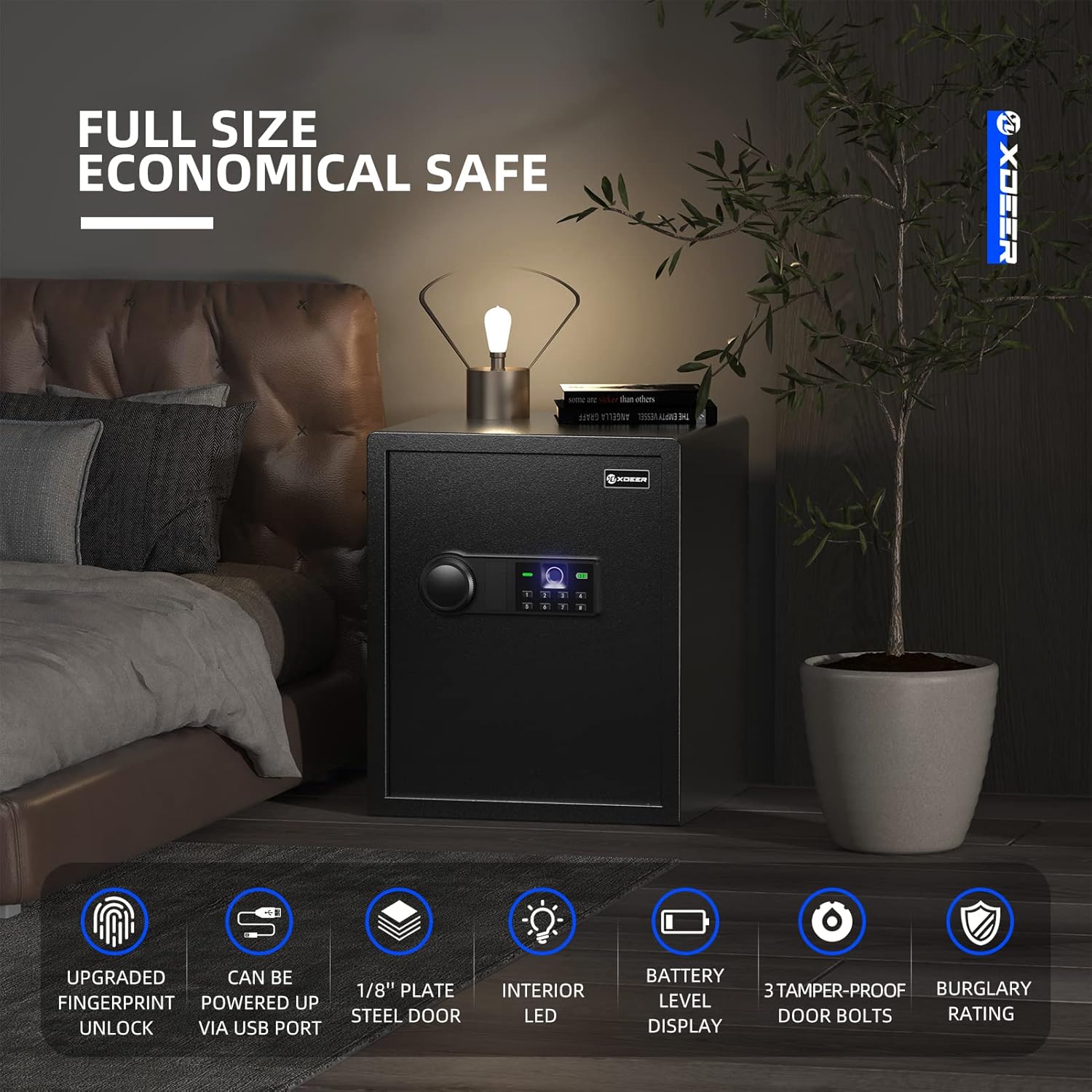 XDeer Biometric Safe Box, Quick-Access Security Safe Box with Upgraded Fingerprint, Steel Handgun Safe Lock Box for Kid/Home/Office/1PCS (1.69 Cubic Feet) - Image 3