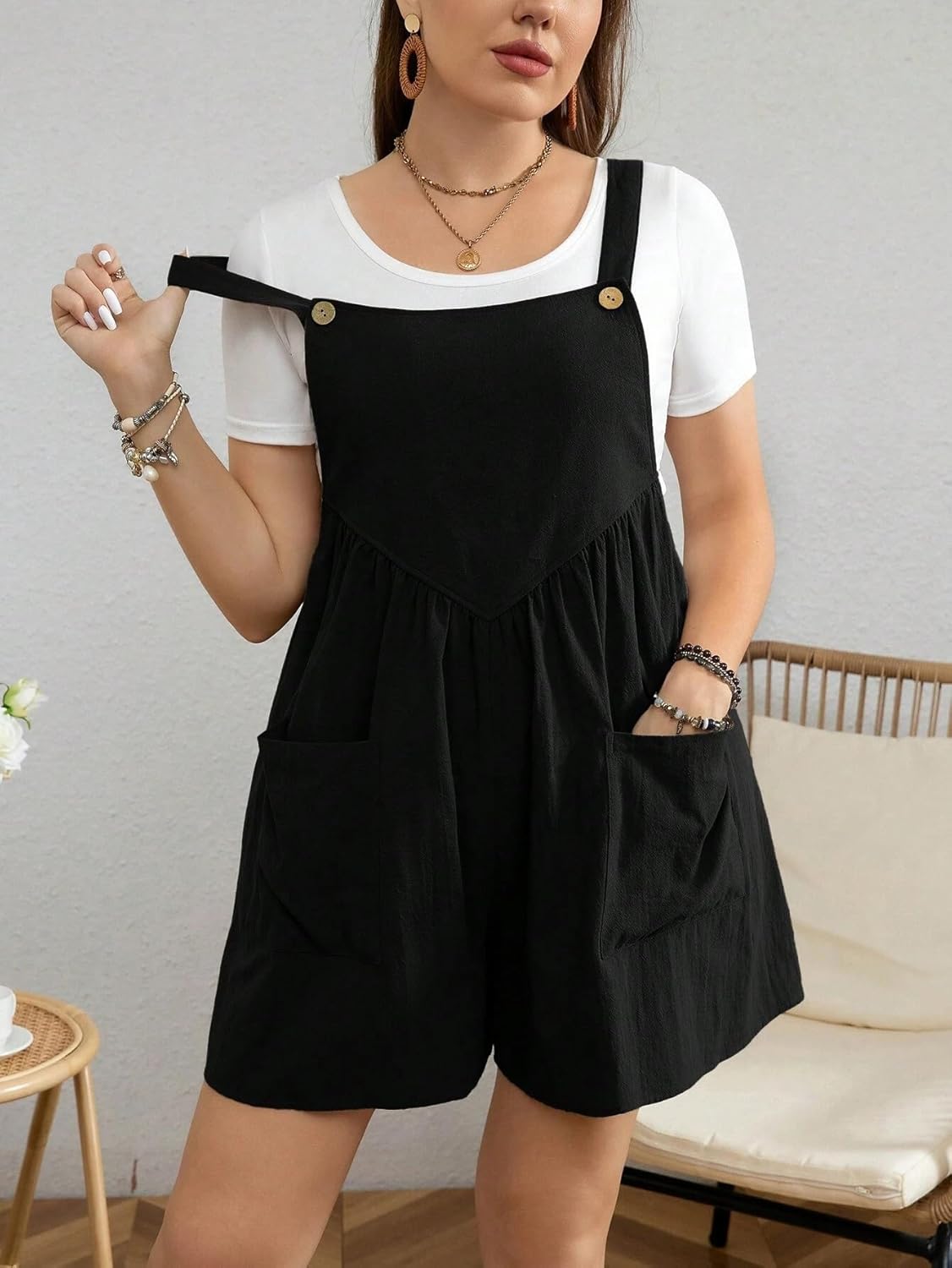 Rompers for Women Summer 2026 Plus Size Summer Pleated Romper With Double Pockets
