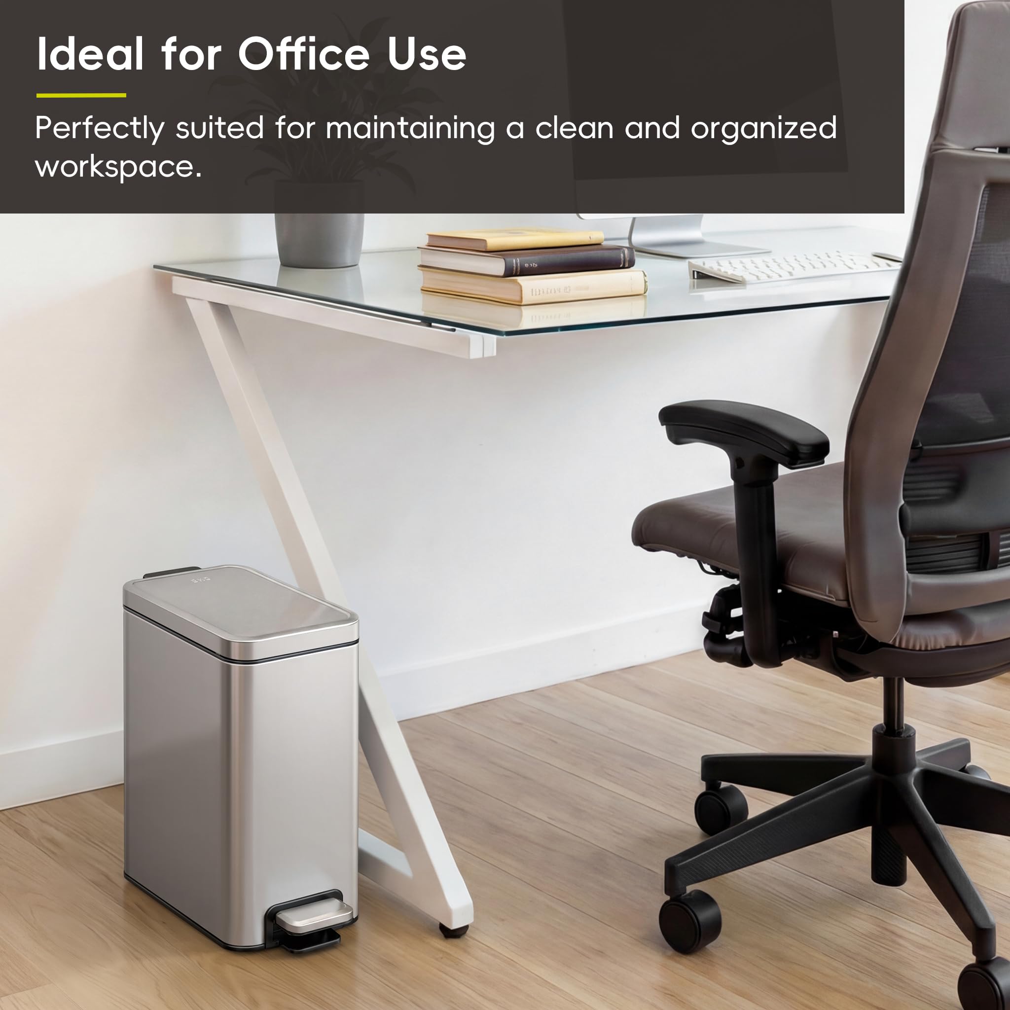 EKO - Cubo de basura de baño de acero inoxidable con tapa de cierre suave, pedal interior extraíble y acabado antihuellas, 10 L, color plateado