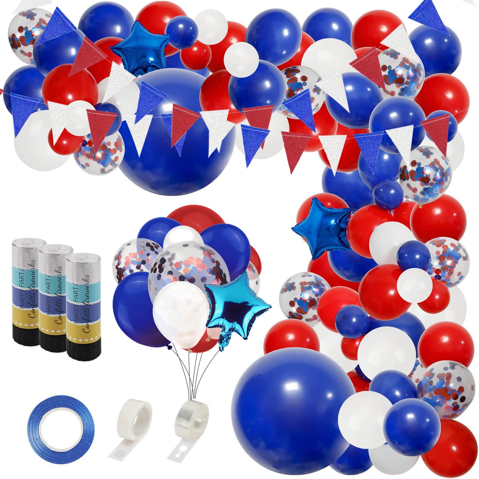150cs Red Blue White Balloon Arch Garland Kit Bright Triangle Flag Confetti Wands Decoration for Pub BBQ Union Jack Party Football Celebrations Birthday Baby Shower