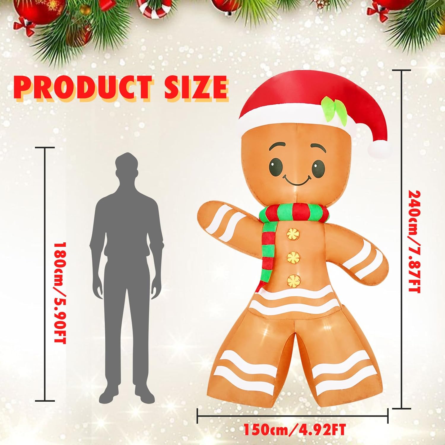 8Ft Christmas Inflatable Gingerbread Man Decoration Outdoor with LED Lights，Funny Gingerbread Christmas Blow Up Yard Decoration for Lawn Garden Patio Holiday Party Decor