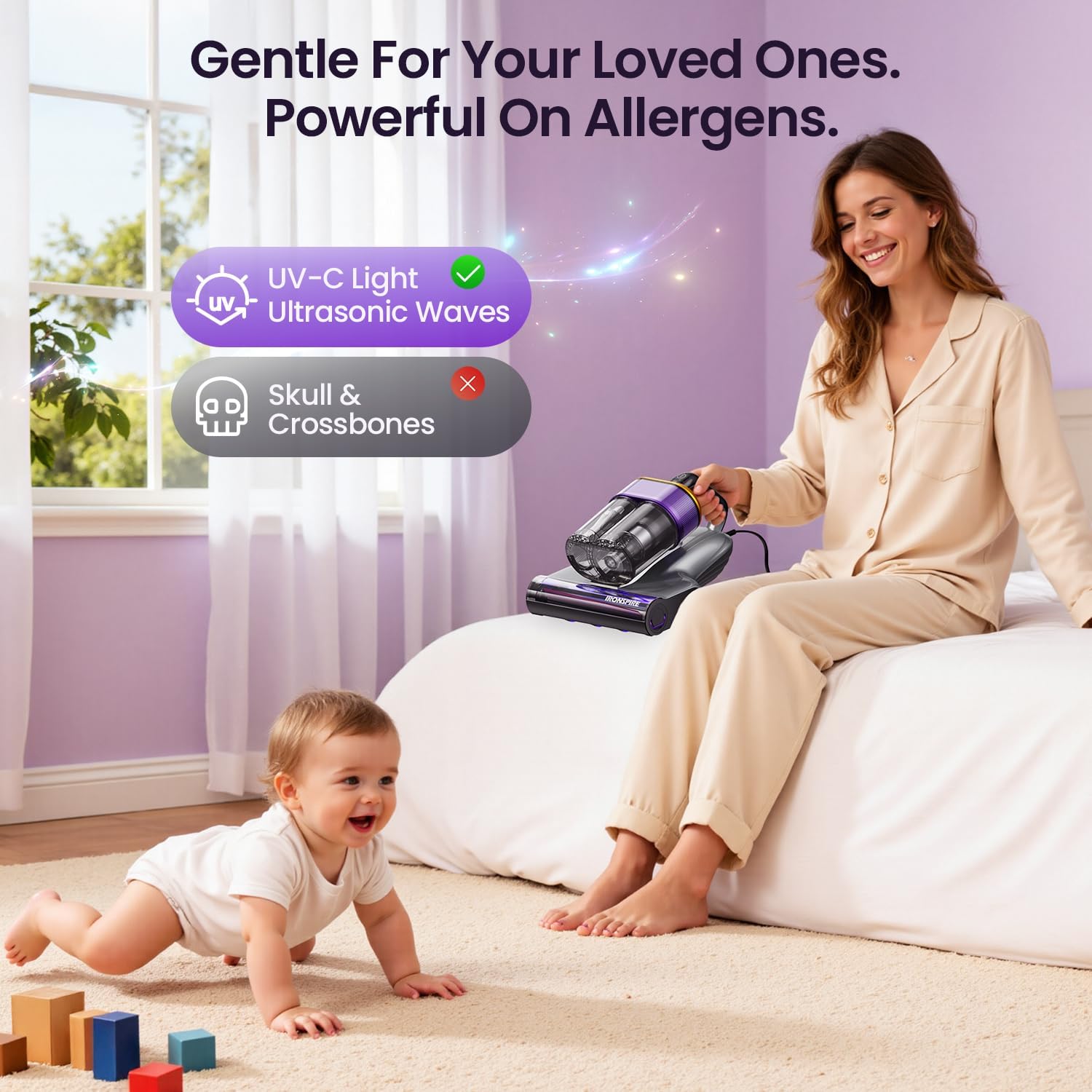 Bed Vacuum Cleaner, Mattress Vacuum with 2 Roller Brushes 253.7nm UV-C Light & Ultrasonic,145°F Heat, HEPA Filter, 18kPa Suction 650W Powerful Handheld Vacuums for Dust & Pet Hair(Corded)