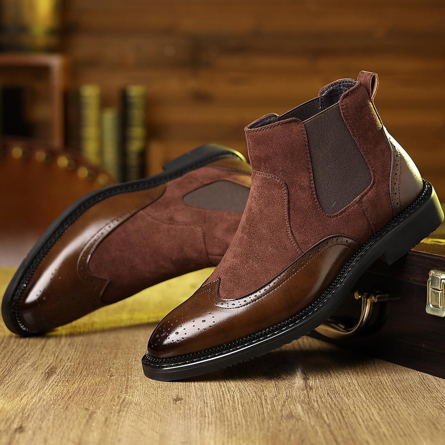 Men'S Brogue Wingtip Chelsea Ankle Boots Retro Pointed Low Chunky Heel Slip-On Business Work Dress Boots Fashion Leather Casual Ankle Boots