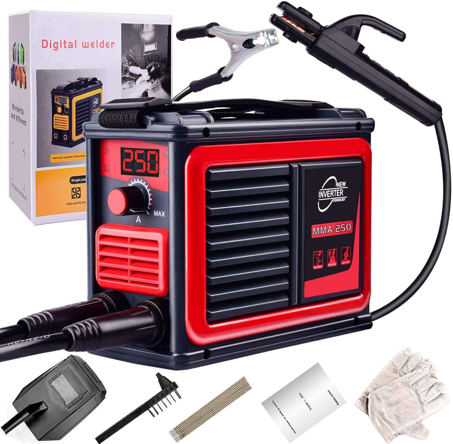 Wrdlosy 250Amp Welder, Small Portable Welding Machine, For Beginners Welder Machine, Stick Welder, 360°Large Area Heat Dissipation ARC Welder, Gloves, 10Pcs Rods, Welding Mask (Red) - - 