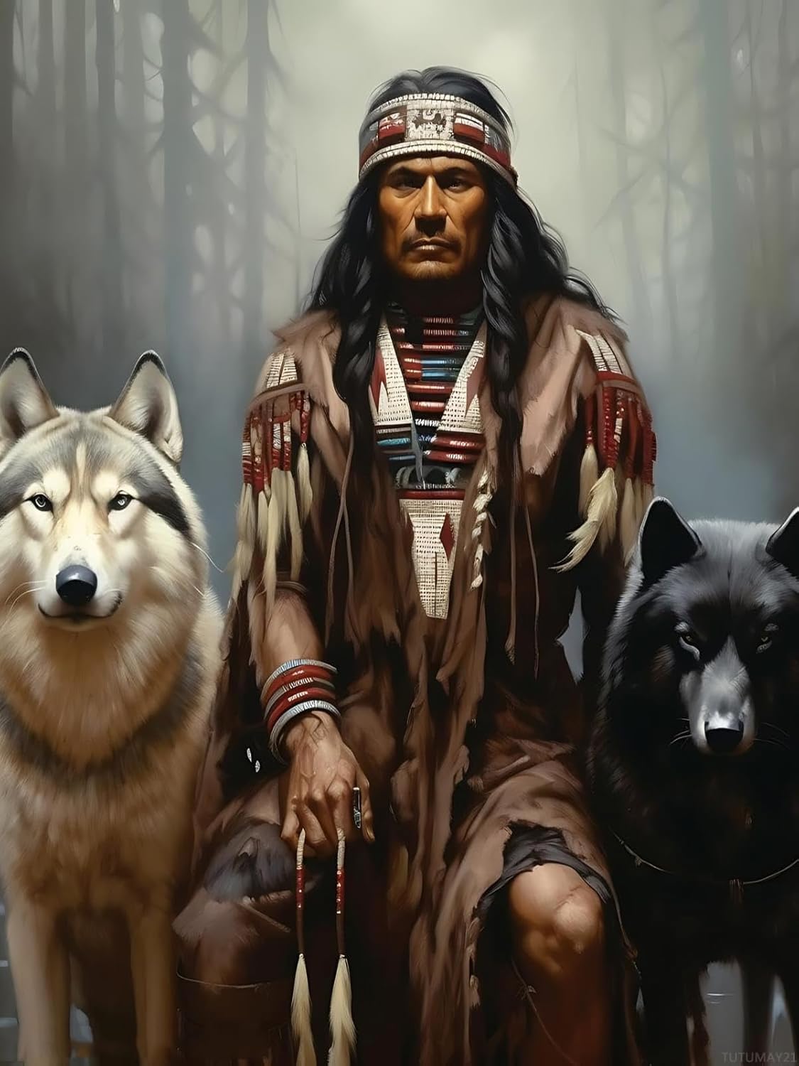 Christmas Gift Native Indian American Man and Wolves Wolf DIY 5D Diamond Painting Kits for Adults Full Drill Picture Art Craft for Home Wall Decor and Gift for New Year Valentine's Day 12x16 inch