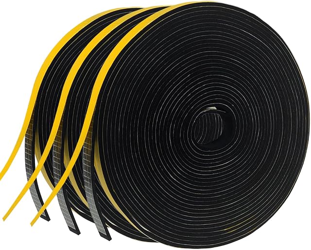 Self-Adhesive Foam Sealing Tape, Black, 12 mm (W) x 3 mm (D), Foam Rubber Self-Adhesive for Door Windows, Weatherproof, Anti-Collision, Sound Insulation (4 m Long x 3 Rolls)