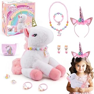 Unicorn Gifts for Girls Age 3-8, Unicorn Toys for Girls Age 3 4 5 6 7 8, Unicorn Stuffed Animals Kids Toys for Girls Unicorn Headband Necklace Earrings Jewelry, Birthday Gifts For Girls 3+ Year Old