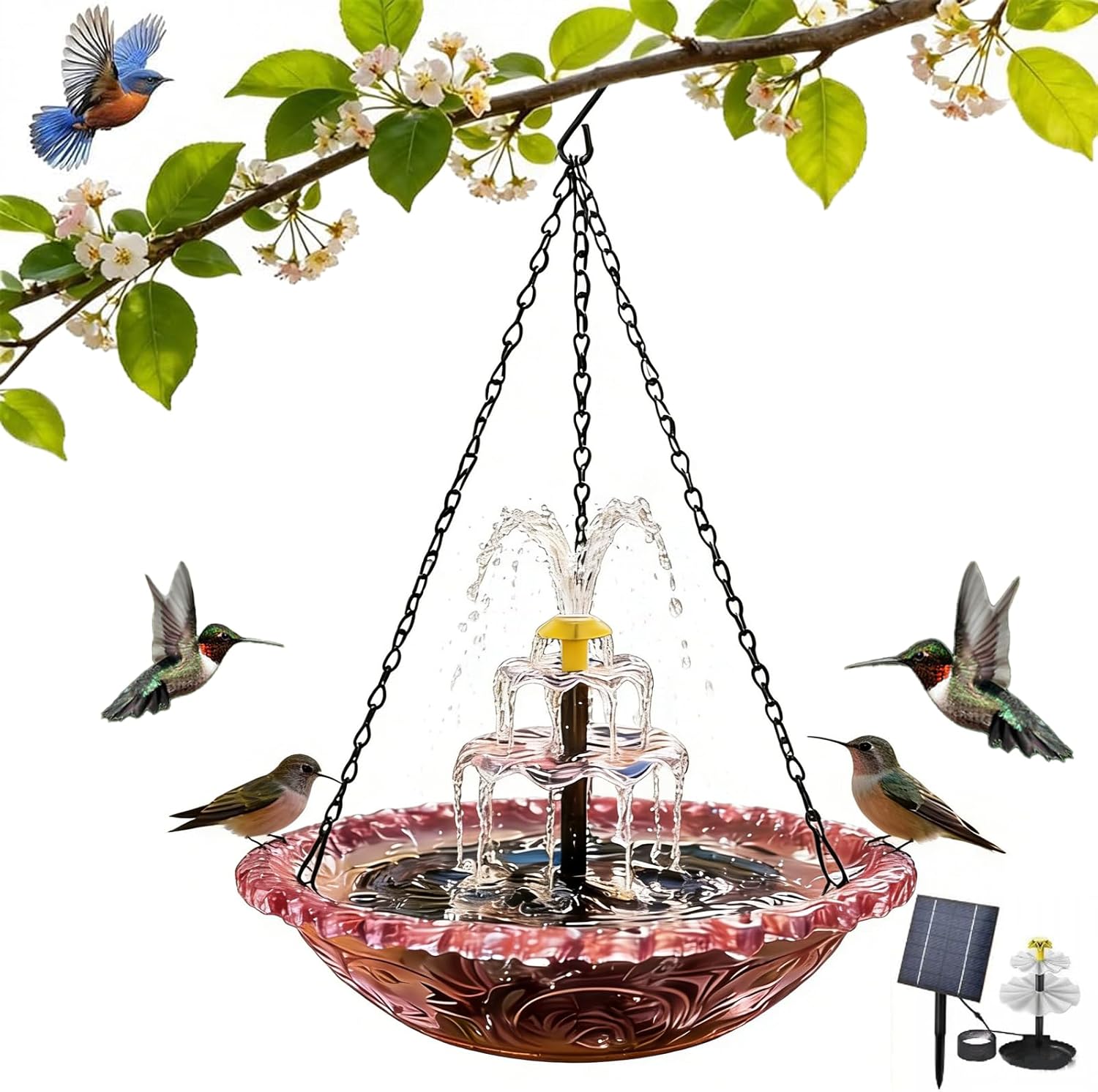 Solar Cascade Hanging Bird Bath Fountain – Solar-Powered Outdoor Bird Bath with Glass Bowl & Pump, Perfect for Attracting Hummingbirds, Garden, Patio & Yard Decor (B)