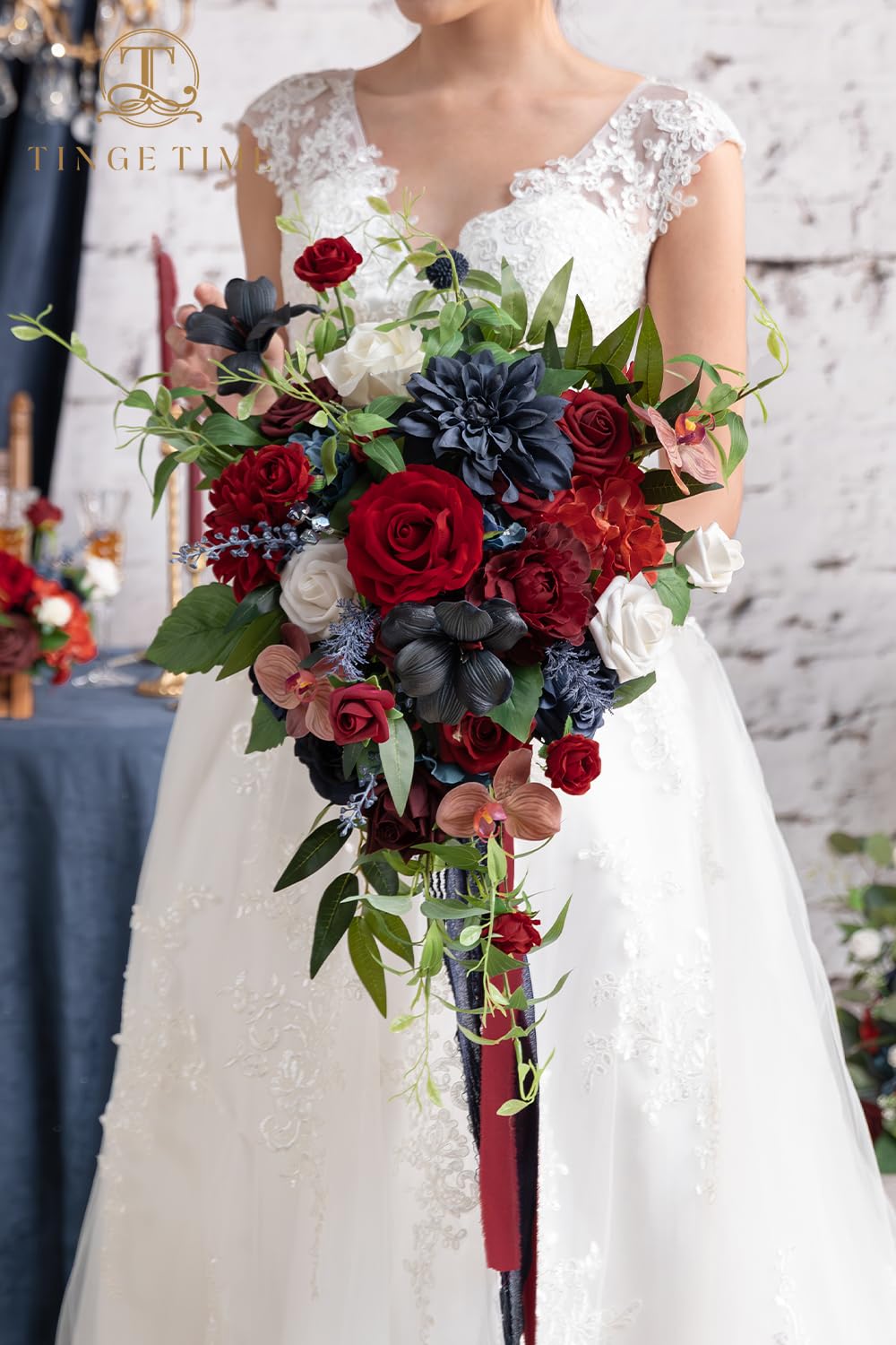 Red Navy Blue Wedding Bouquet TINGE TIME 17 Inch Artificial Bridal Bouquet  - Red And Navy Blue Silk Wedding Flowers, image size:1000x1500