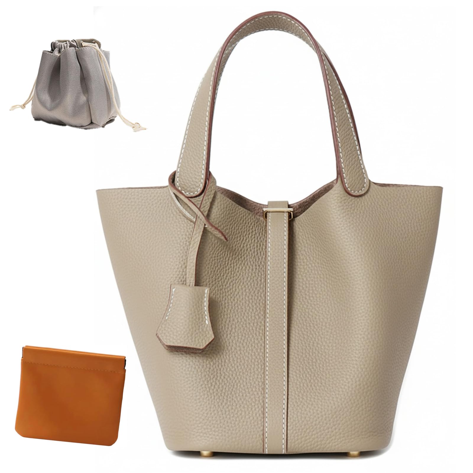 Genuine Leather Lock Design Bucket Bag Vegetable Basket, Fashionable and Versatile Satchel Handbag