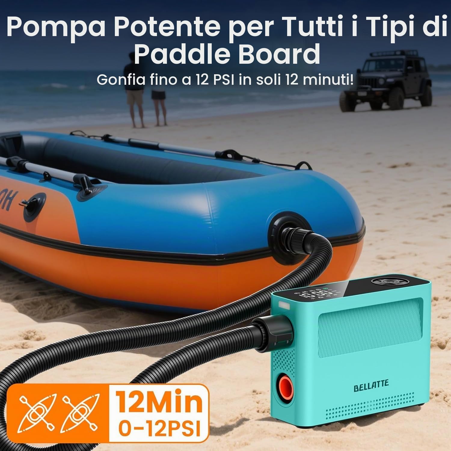 Pompa Elettrica SUP 150PSI, Ricaricabile Batteria &12V DC Gonfiatore Portatile Compressore Aria, Gonfiaggio Sgonfiaggio Auto-Off, Elettrico Pompa per Tavole da Paddle, Kayak, Ali, Vento, Pneus