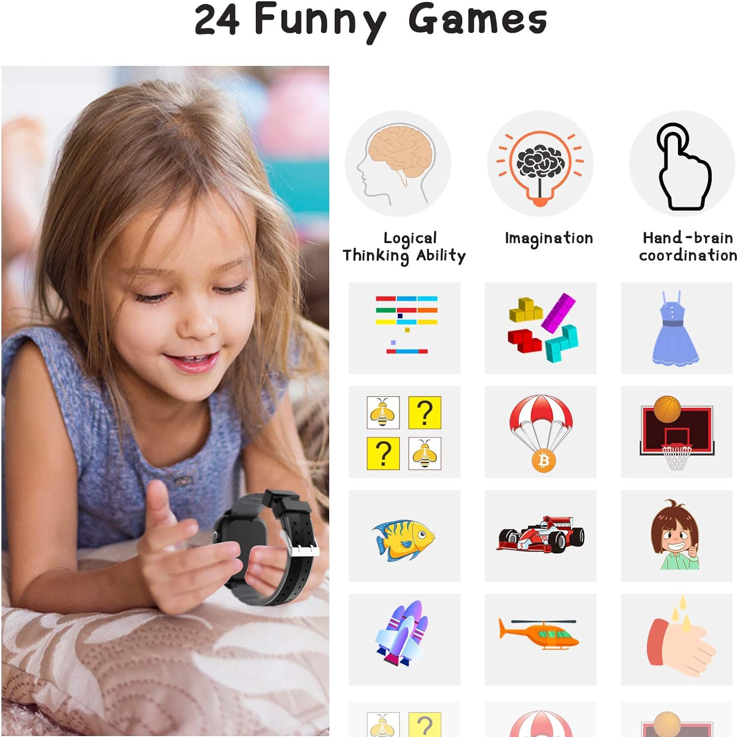 Smartwatch Bambini 24 Giochi Musica Contapassi Calorico, 2*Fotocamere Torcia Orologio Smartwatch Bambini Sveglia Video, Ragazzi e Ragazze Festiva Regalo di Natale 2-13 anni[Scheda SD integrata]