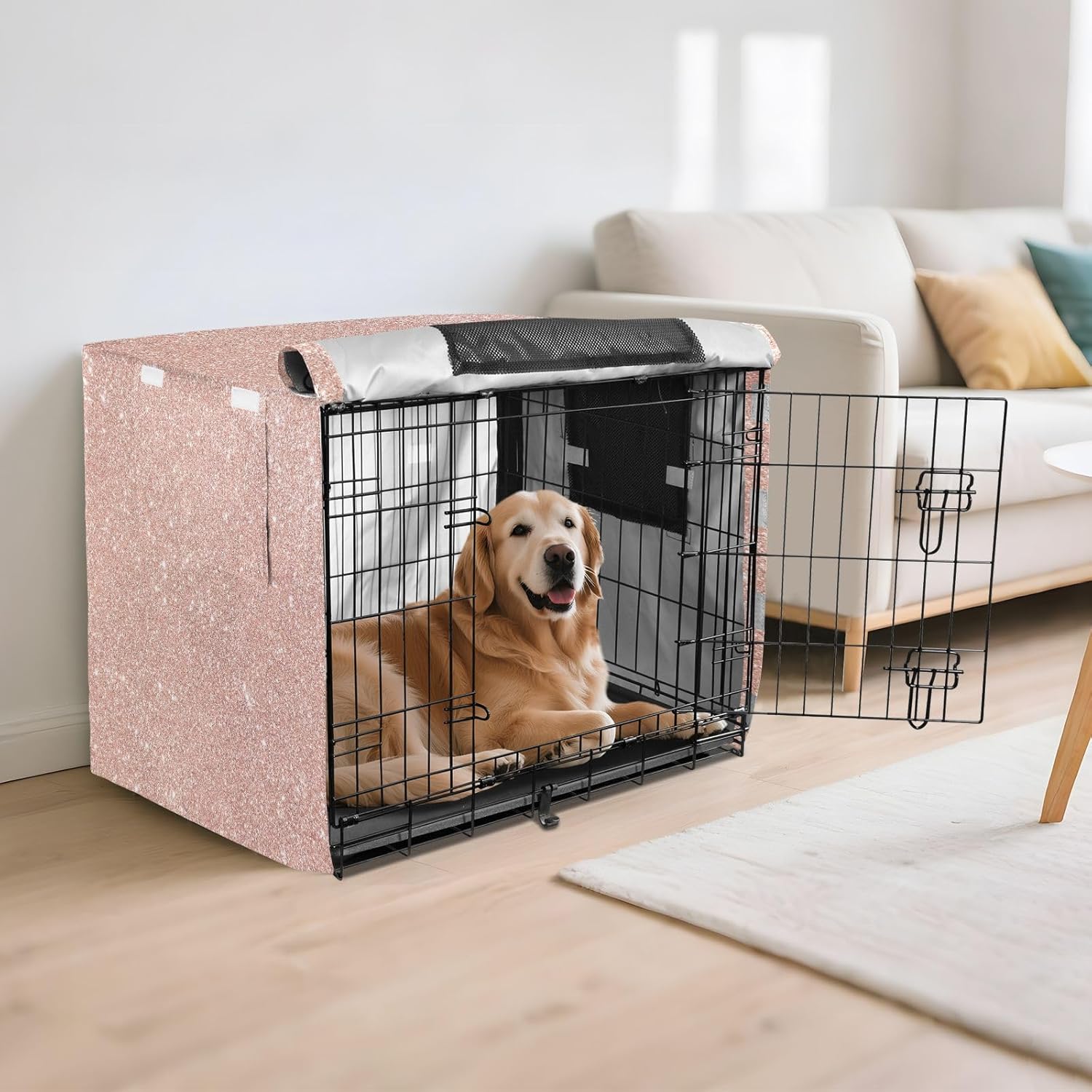 Rose Gold Pet Cage Cover with Openings, Water-Resistant Travel Dog Crate Cover, Large