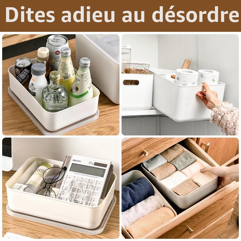Lot de 8 boîtes de rangement avec 4 couvercles, panier rangement plastique | rangement avec poignées, boîtes de rangement multifonctionnelles pour cuisine, bureau, placard, salle de bain, jouets