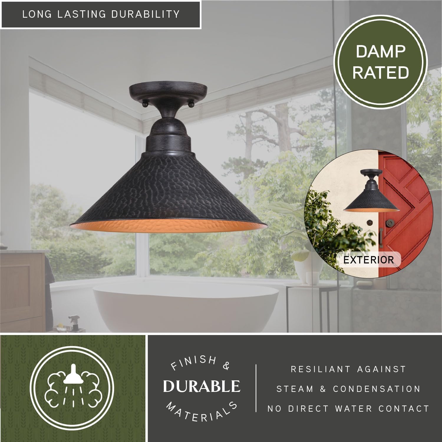 VAXCEL Outland Rustic Farmhouse Semi Flush Mount Ceiling Light for Porch or Entryway, Indoor/Outdoor Hammered Metal Mount Ceiling Light Fixture, 12" W x 8.5" H x 12" D, Aged Black