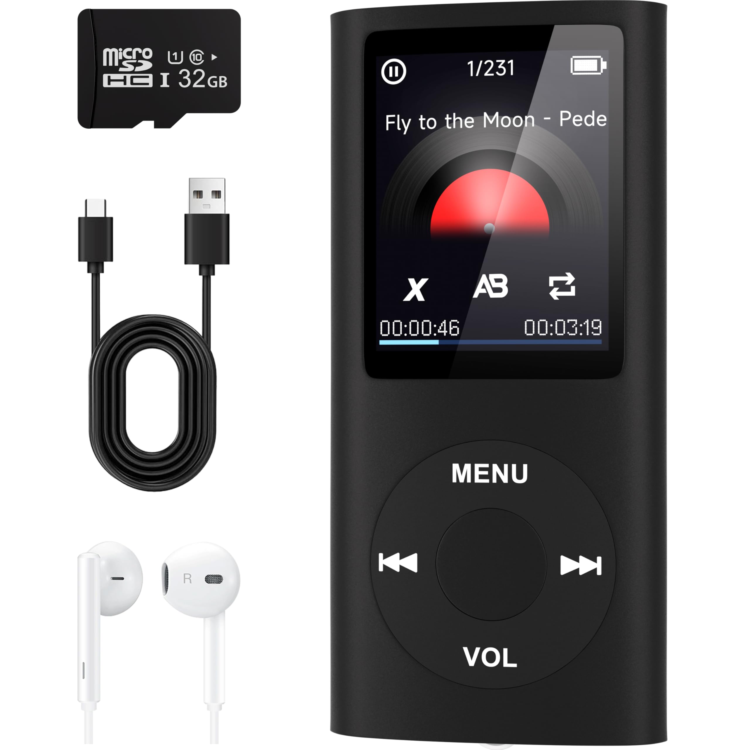 Reproductor de MP3 con Bluetooth 5.2, reproductor de música portátil con tarjeta de memoria de 32 GB, auriculares estéreo, grabadora de voz, vídeo, visor de fotos, libro electrónico para niños, regalo