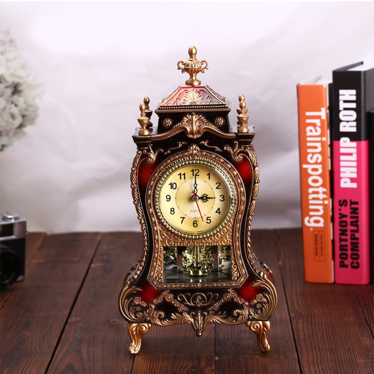 Reloj de escritorio de diseño arcaico europeo con acabados artísticos y música