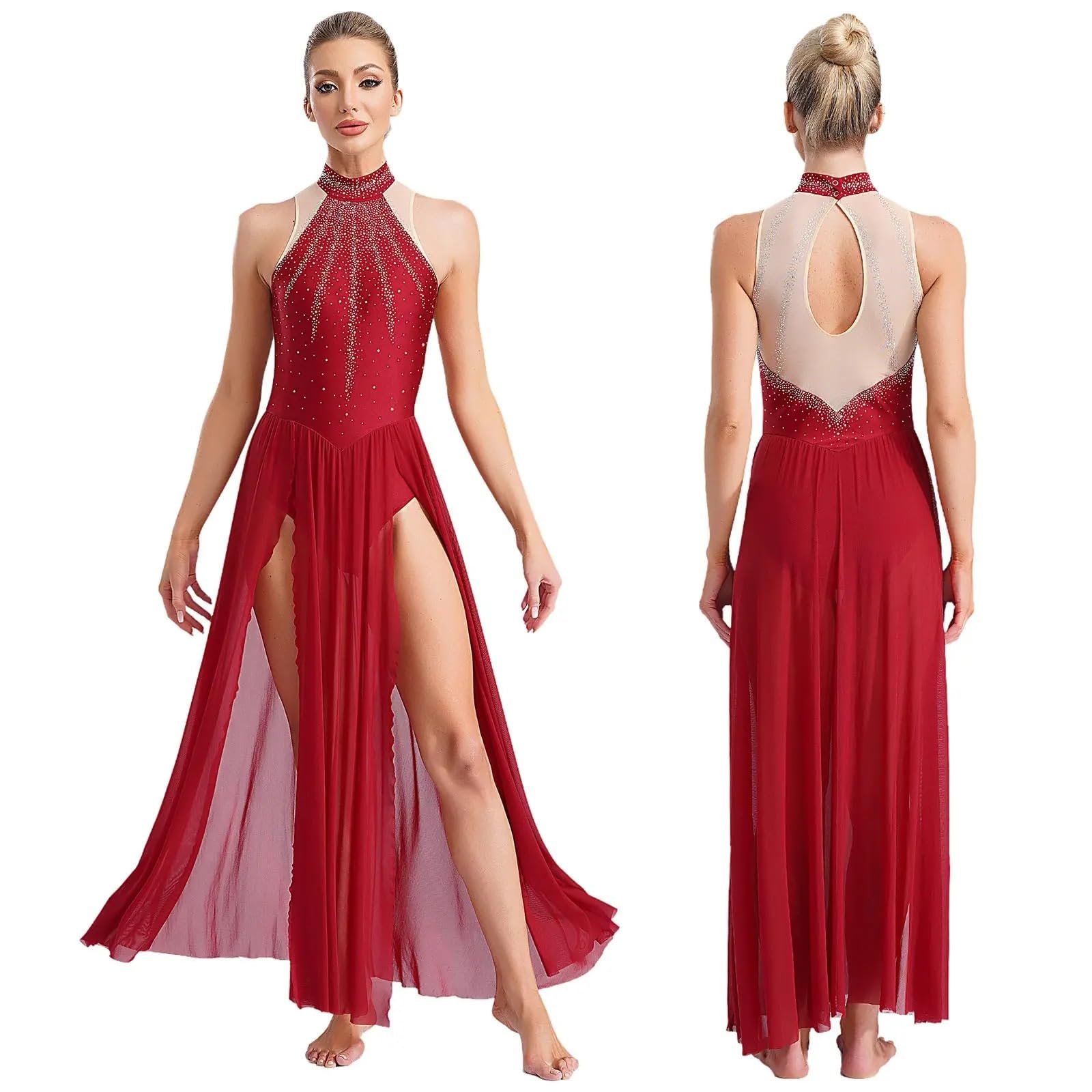 Kostüme für Lyrischen Tanz Lyrisches Tanzkleid, glänzendes Dimonds-Ballett-Trikot, Geteilte Maxiröcke, modernes, zeitgenössisches Ballsaal-Kostüm for Damen