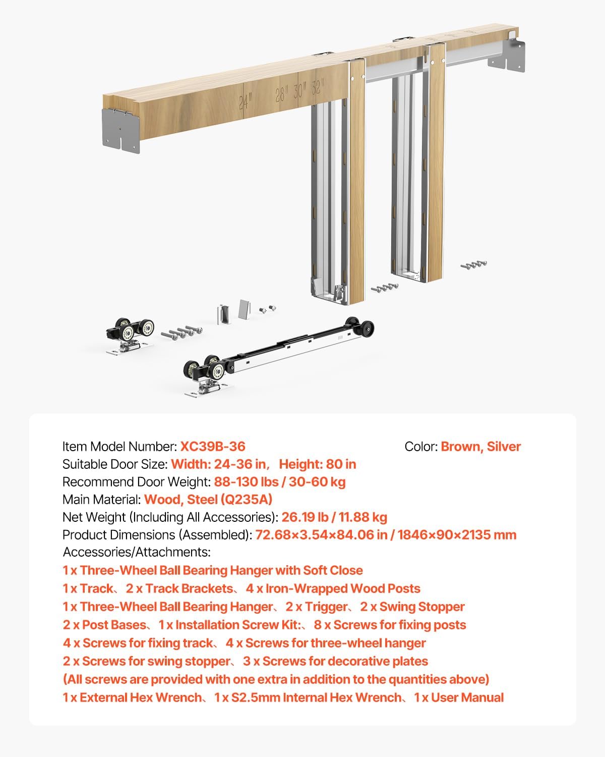 VEVOR Pocket Door Frame Kit, for 24-36 in Wide 80 in High Door, Pocket Door Kit with Two-Way Soft Close Mechanism, Slide Smoothly Quietly, Easy to Install, Wood and Galvanized Steel, for Living Room