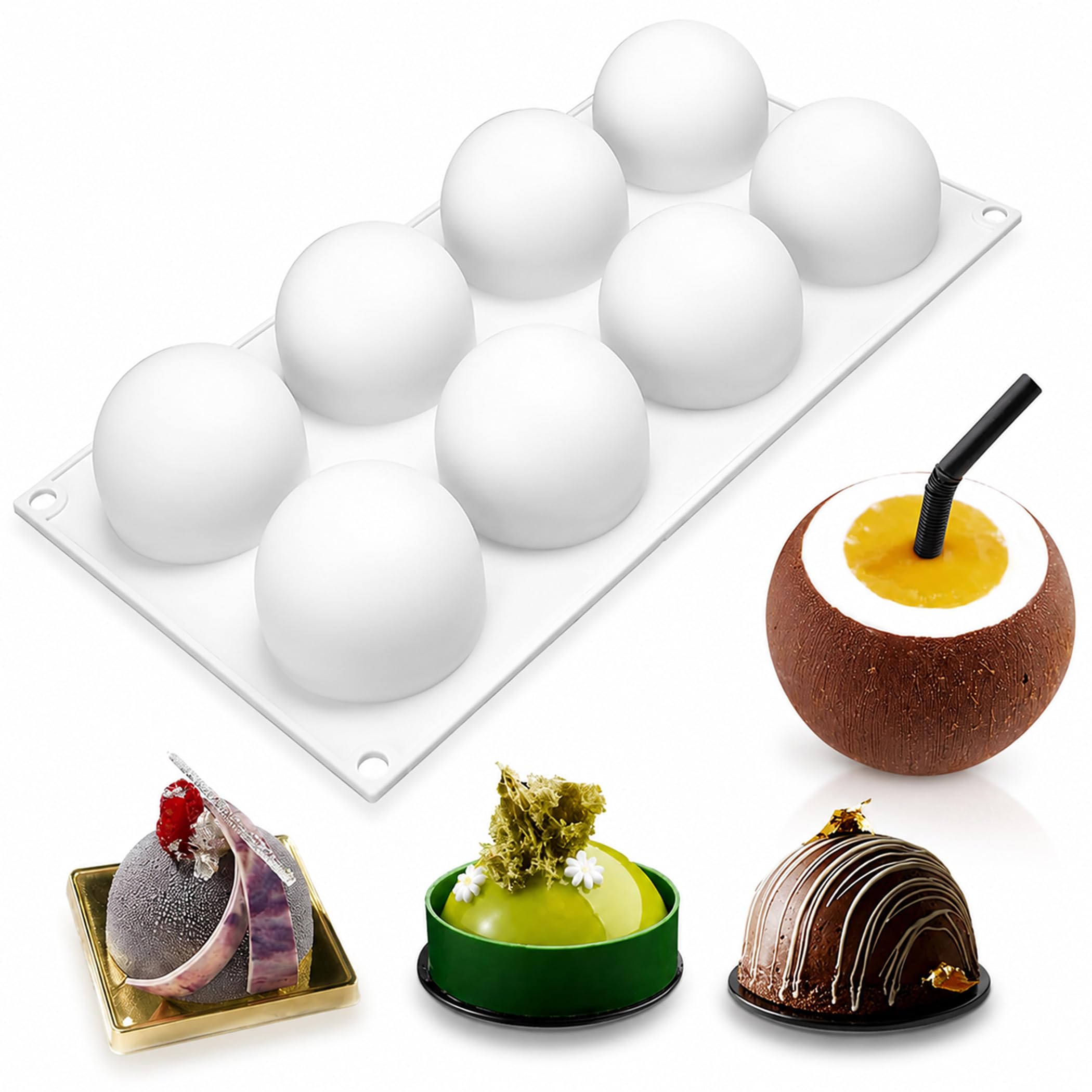 OCPO Kitchen 3D Sphere Silicone Mold for Baking Mousse Cake, 8 Cavities