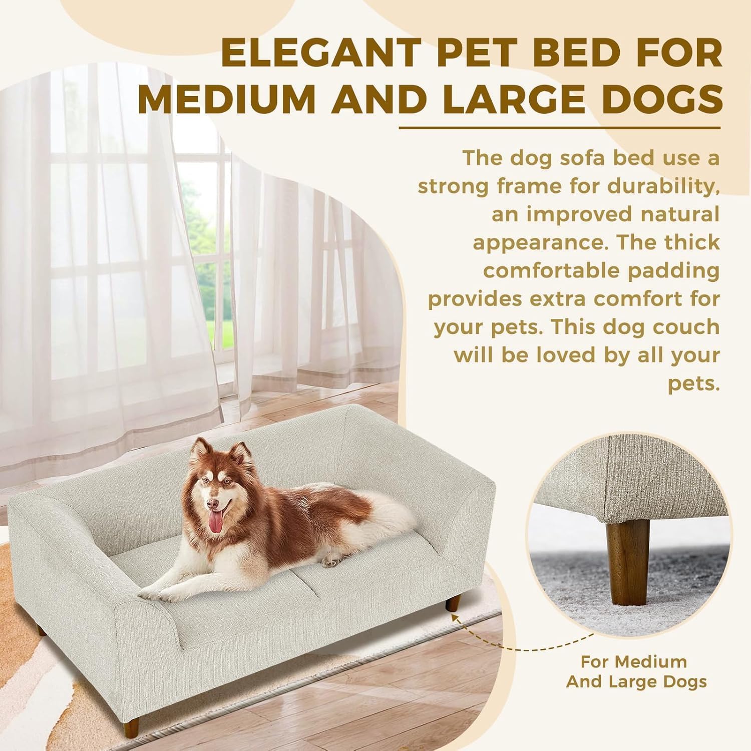 Dog Sofa Bed for Medium Dogs with Backrest and Armrest, Memory Foam Dog Sofa Couch, Modern Elevated Pet Couch Bed with Wooden Legs, Beige