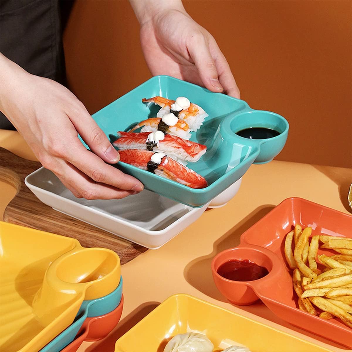 4Pcs Plastic Plates with Sauce Compartment Square Serving Plates Dumpling Plate Seasoning Dish Snack Dish Sauce Plate for Home and Kitchen (4 Colors)