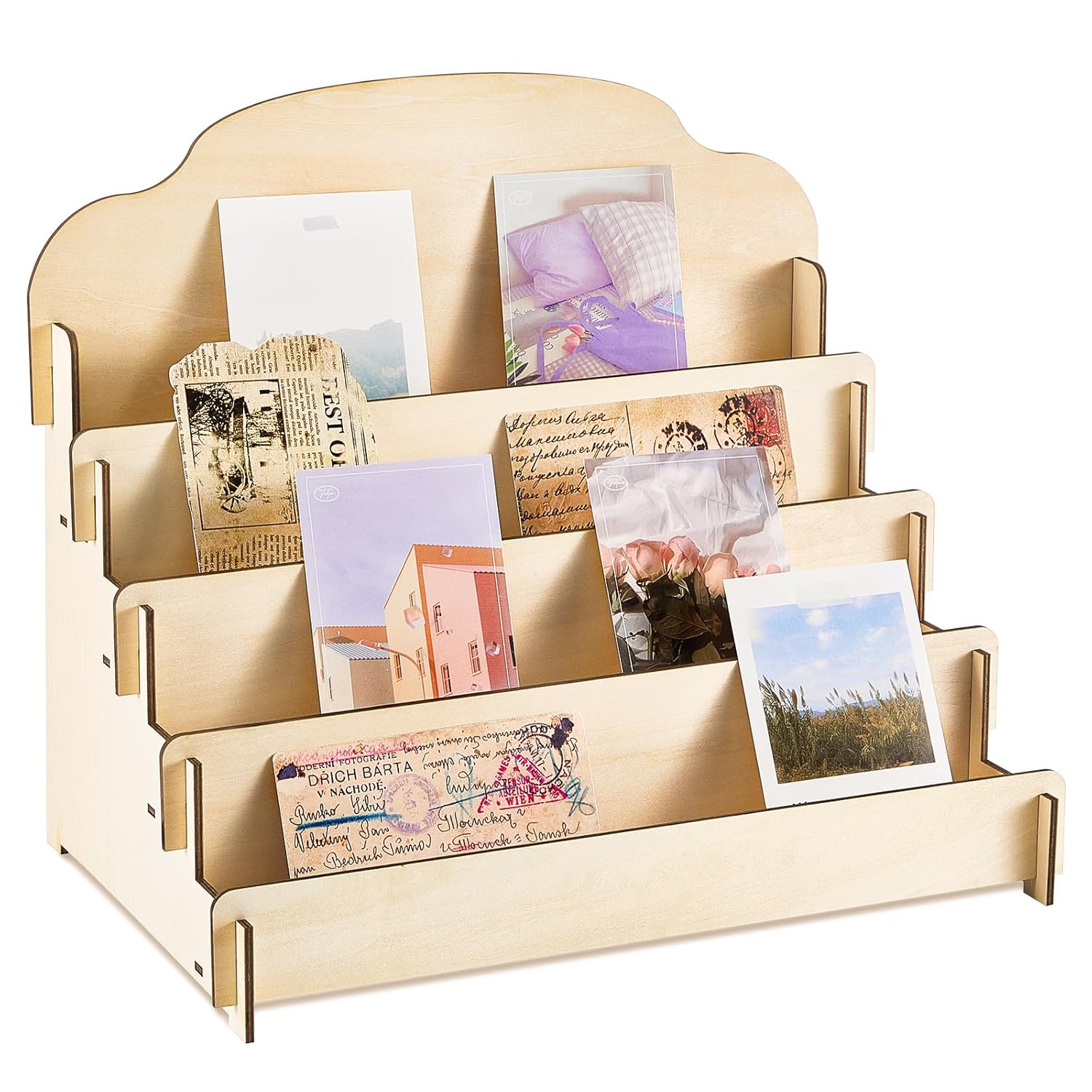 Barydat 4-Tier/5-Tier large Greeting Card Display Stand Wooden Display Stand for Postcard Brochure Photos Jewelry Sticker Holder for Vendors, Counter Retail, Home Decor(15.8 x 10.4 x 14.2 Inch,Beige)