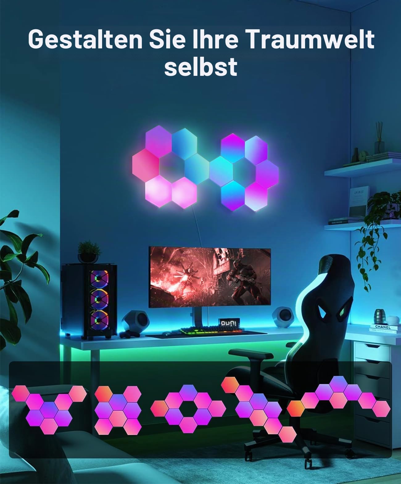 Hexagon LED Panel Große, Smart Home Gaming LED Sechseck Wandleuchte RGBIC Funktioniert mit Alexa Google Assistant, Sprach-/App-Steuerung, Musik-Sync, DIY Zimmer Deko für Gaming Wohnzimmer, 10 Paneele