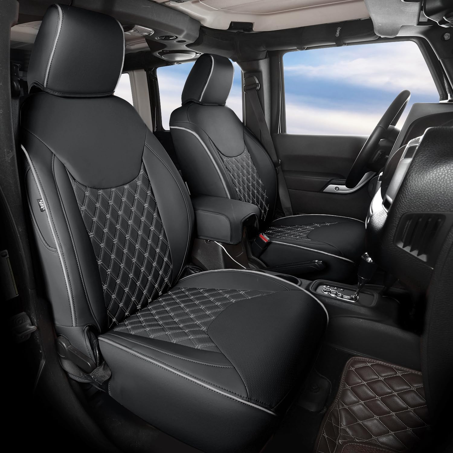 GIANT PANDA Customized Full Set Car Seat Covers for Jeep Wrangler 4 Door JK Sahara Sport Rubicon Unlimited Willys Wheeler Altitude 2013 2014 2015 2016 2017, Faux Leather - (Black+Gray)