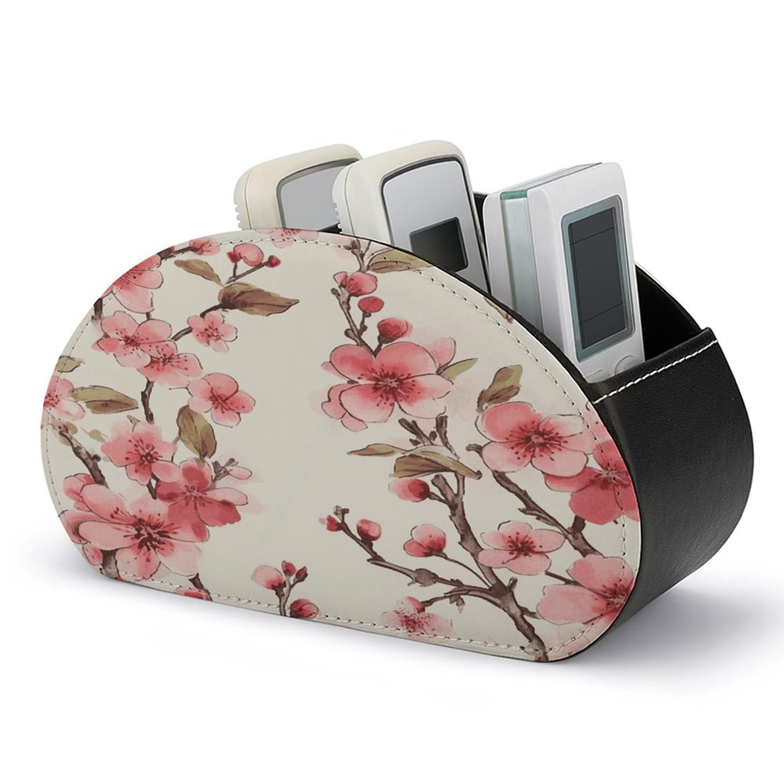 VstaDank Cherry Blossom Remote Control Holder Farmhouse TV Media Remote Storage Box with 5 Compartments PU Leather Remote Caddy Desktop Organizer for Home Bedside Table Organizer
