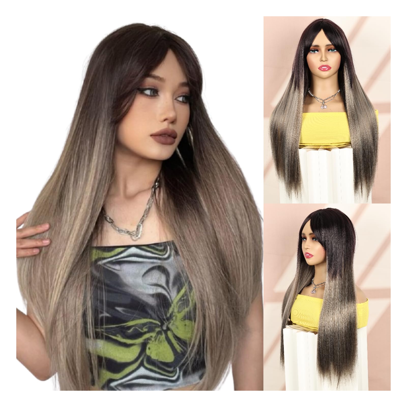 QUEENTAS 24 Inch Black Brown Hair Wig for Women Full Head Straight Wigs with Bangs Glueless Synthetic Wig
